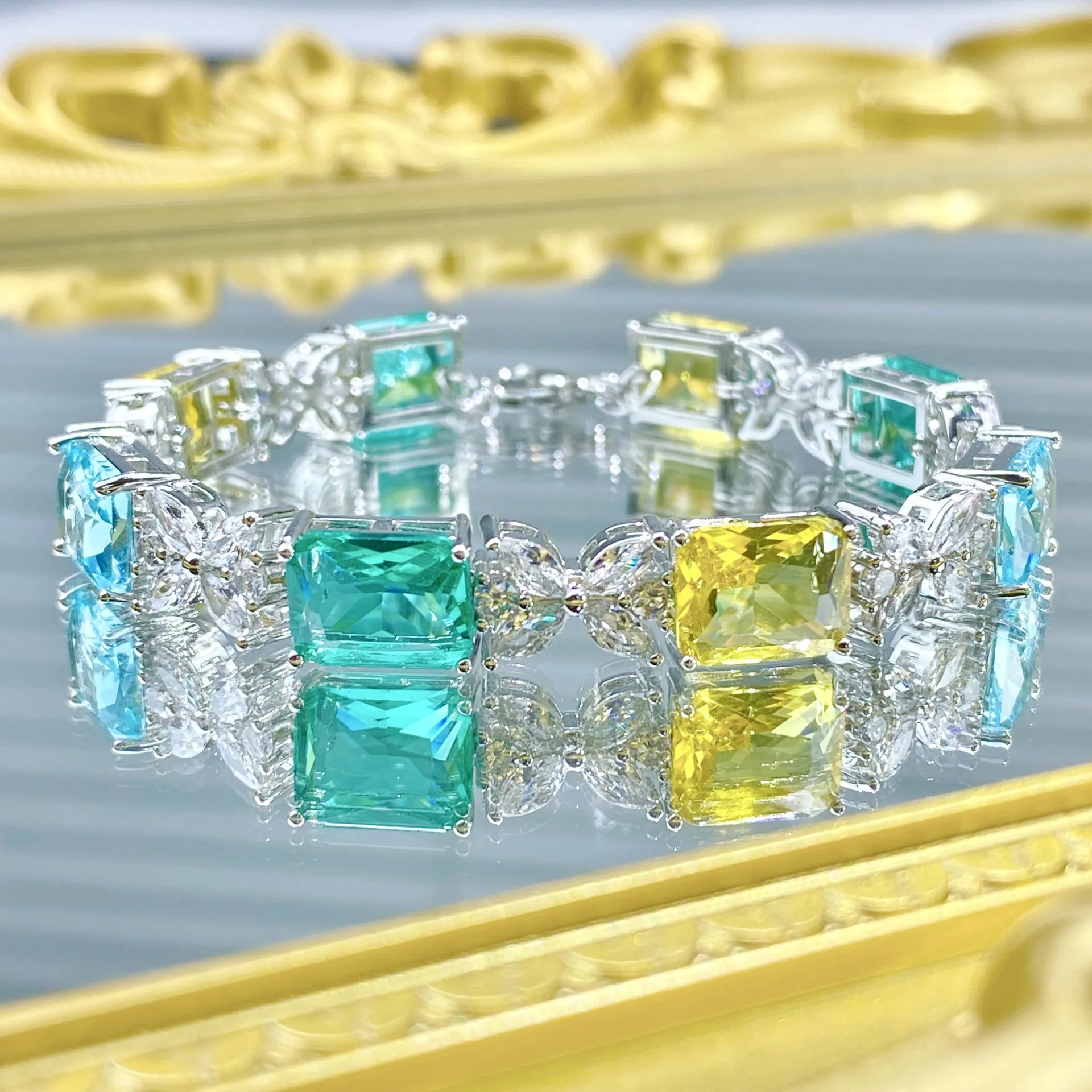 Pulseira de turmalina cor doce arco-íris luz luxo cubo de açúcar aquamarine amarelo diamante paraiba cor incrustada pulseira de tesouro