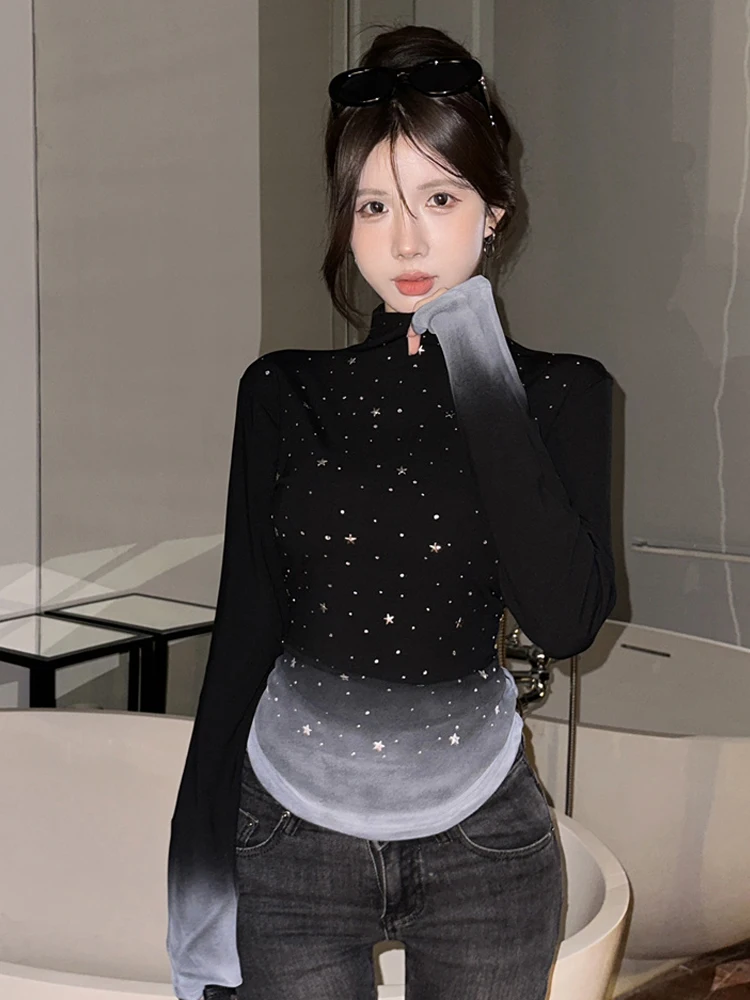 2024 New Women Turtleneck Star Pattern Graduated Color Bottoming Shirt Autumn Winter Fashion Design Sense Appear Thin Slim Tops