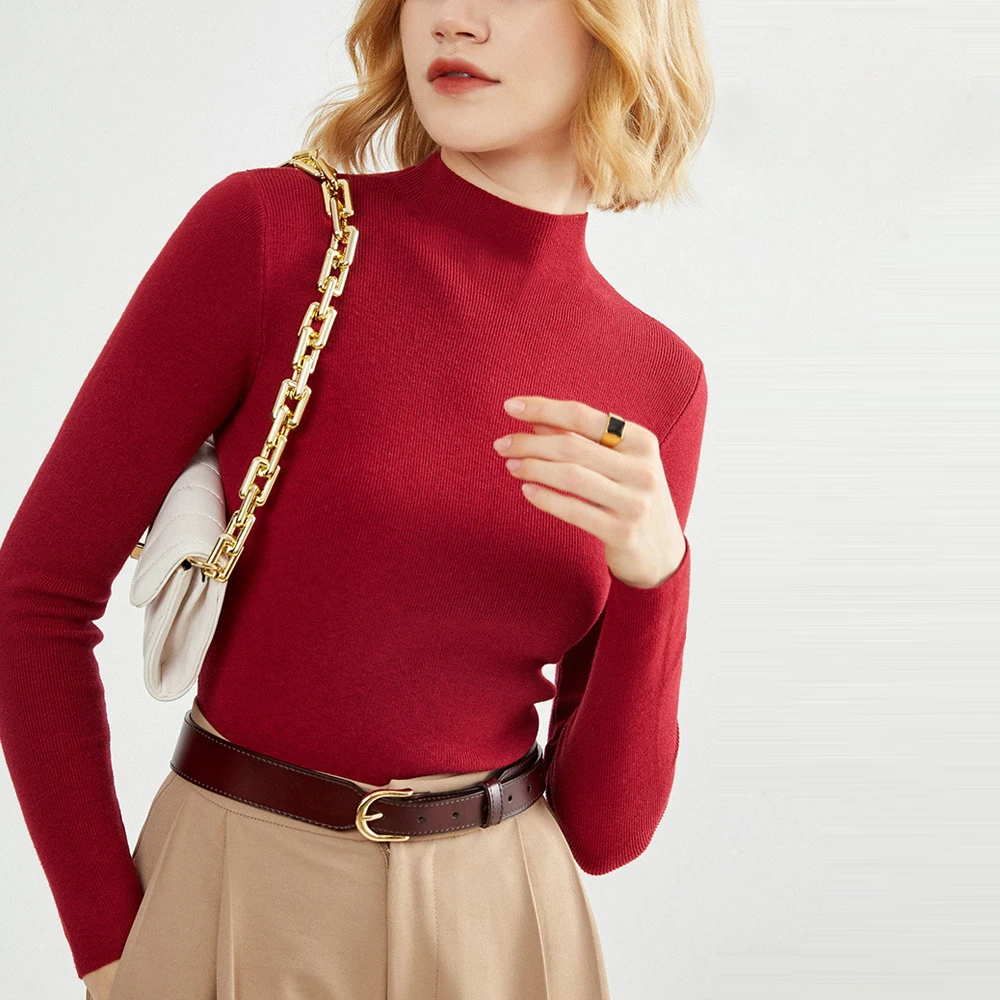 

Blue Pink Black Red Temperament Pullover Sweater Women Half High Collar Long Sleeve Underlay Sleeve Sweaters Autumn Slim Fit Top