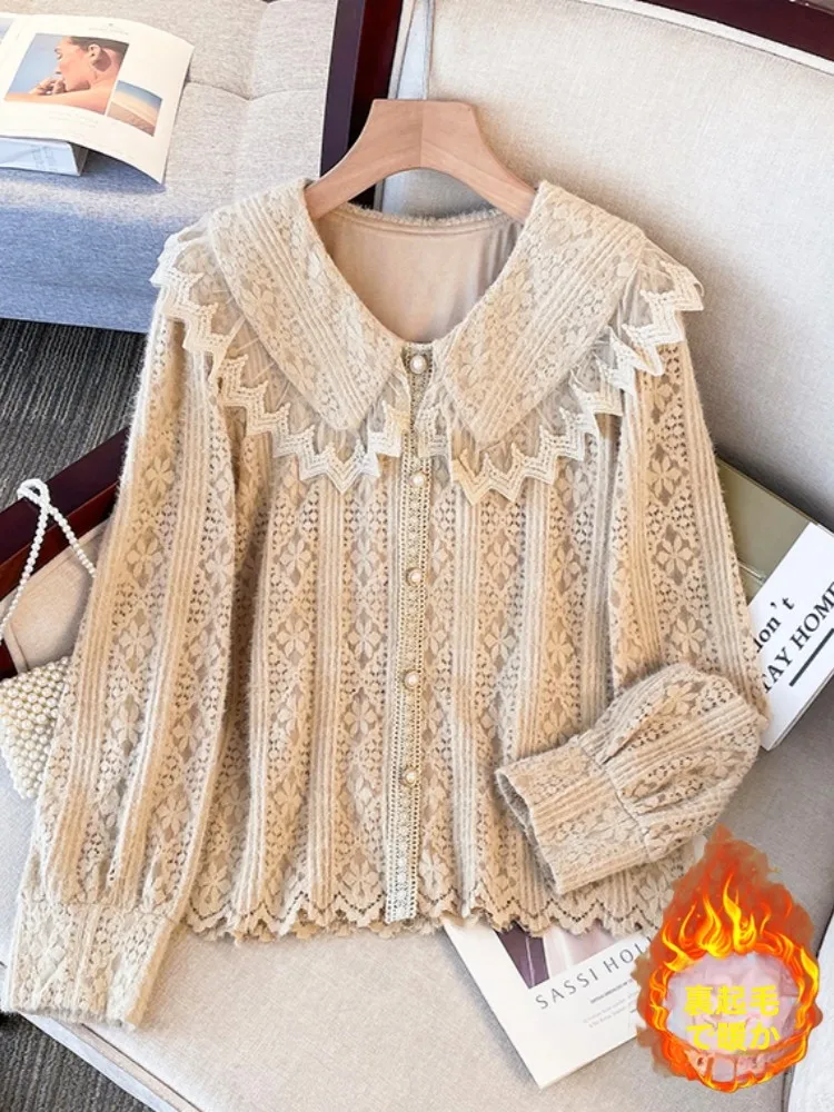 Feminine Long Sleeve Fleece Lined Lace Hook Flower Women's Shirt Spring Autumn plus Size Doll Collar Base Top Princess Style ...