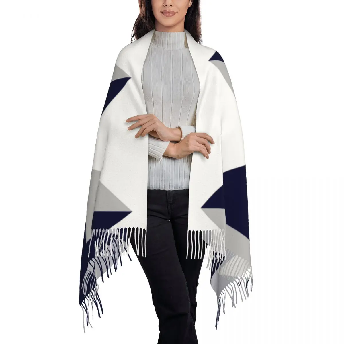 Tricolor Navy Blue Silver Gray And White Scarf Tassel Scarves for Women Soft Warm Shawls and Wraps Long Fall Winter Shawl Wrap