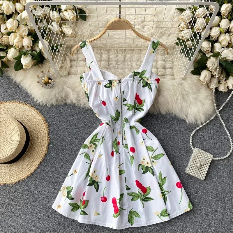 Women\'s Summer Dress French Retro V-neck Print Sleeveless Short Suspender Dress New Waist Slim Feamle Dresses DE673