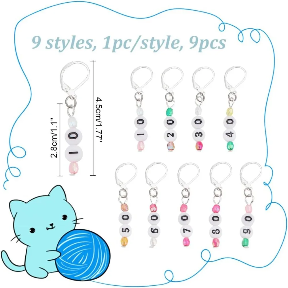 9 Pcs Number Crochet Markers 9 Styles Beaded Stitch Markers with 0-9 Number Locking Stitch Marker Stitch Needle Clip