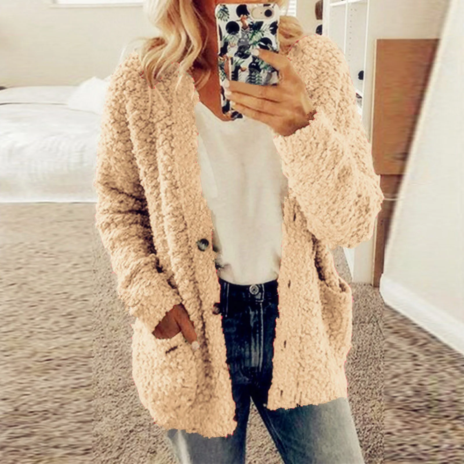 Women\'s Cardigan Autumn Winter Thicken Plush Casual Sweater Plus Size Sweater Loose Solid Color Button Sweater Cardigans