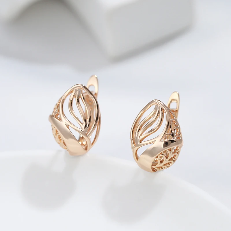 Luxury 585 Gold Glossy Geometric Texture Women Drop Earrings Vintage European Ear Piercing Jewelry Party Fashion Clip Earrings