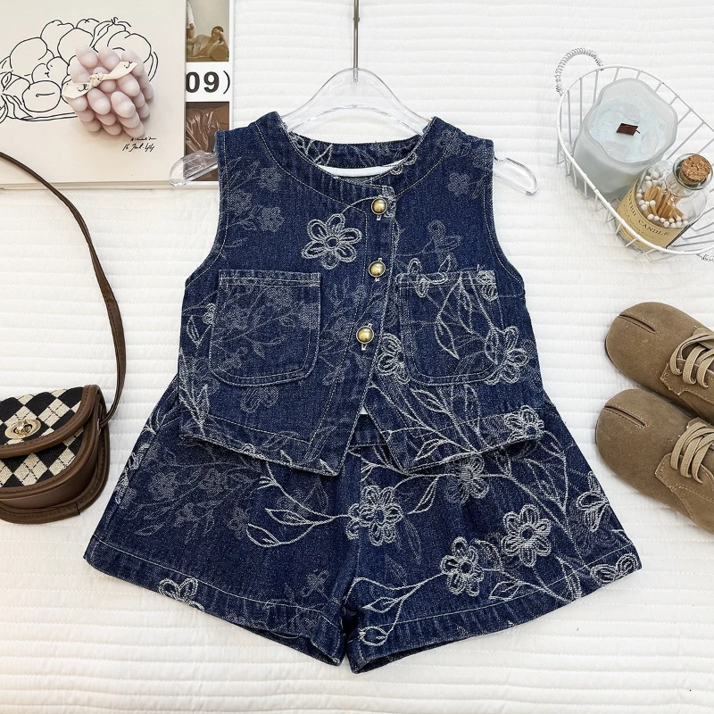 

2026 Summer Hot Selling Retro Deep Denim Embroidered Design Sleeveless Top and Shorts Two-piece Set