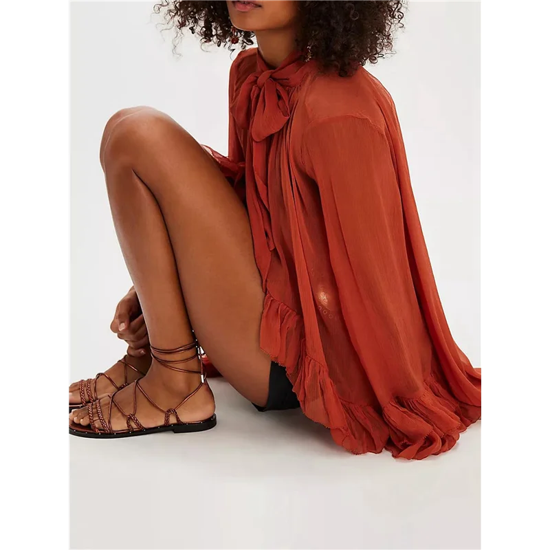 

Women Long Bell Sleeve Frill See Through Sheer Mesh Blouse High Low Hem Ruffled Sexy- Flowy Shawl Shirt