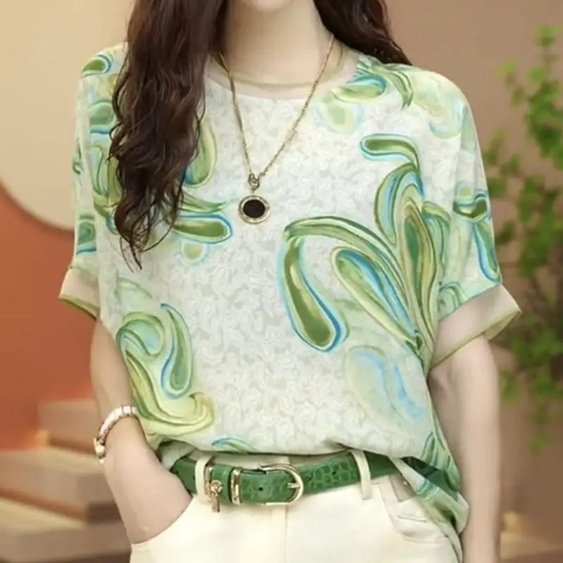 

2024 Summer New Women's Crew Neck Printed Spliced Gauze Elegant Fashion Loose All-match Batwing Sleeve Classic Tops T-shirt