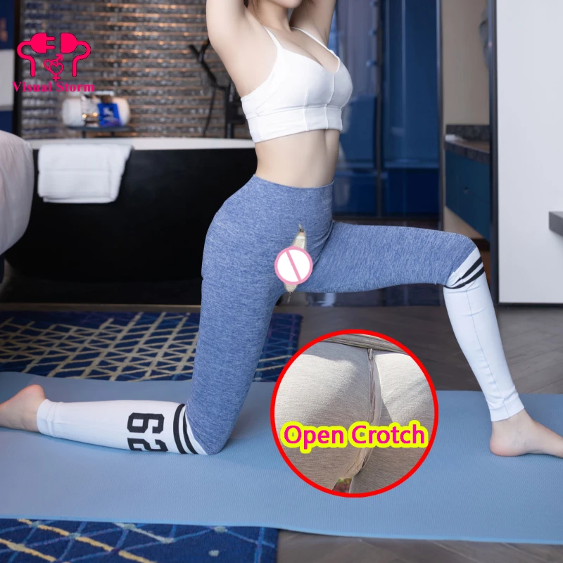 Frau sexy offenen Schritt Leggings Hosen Brief druck Patchwork versteckte Reiß verschlüsse Fitness studio Schritt ohne Outdoor Sex Fitness Höschen