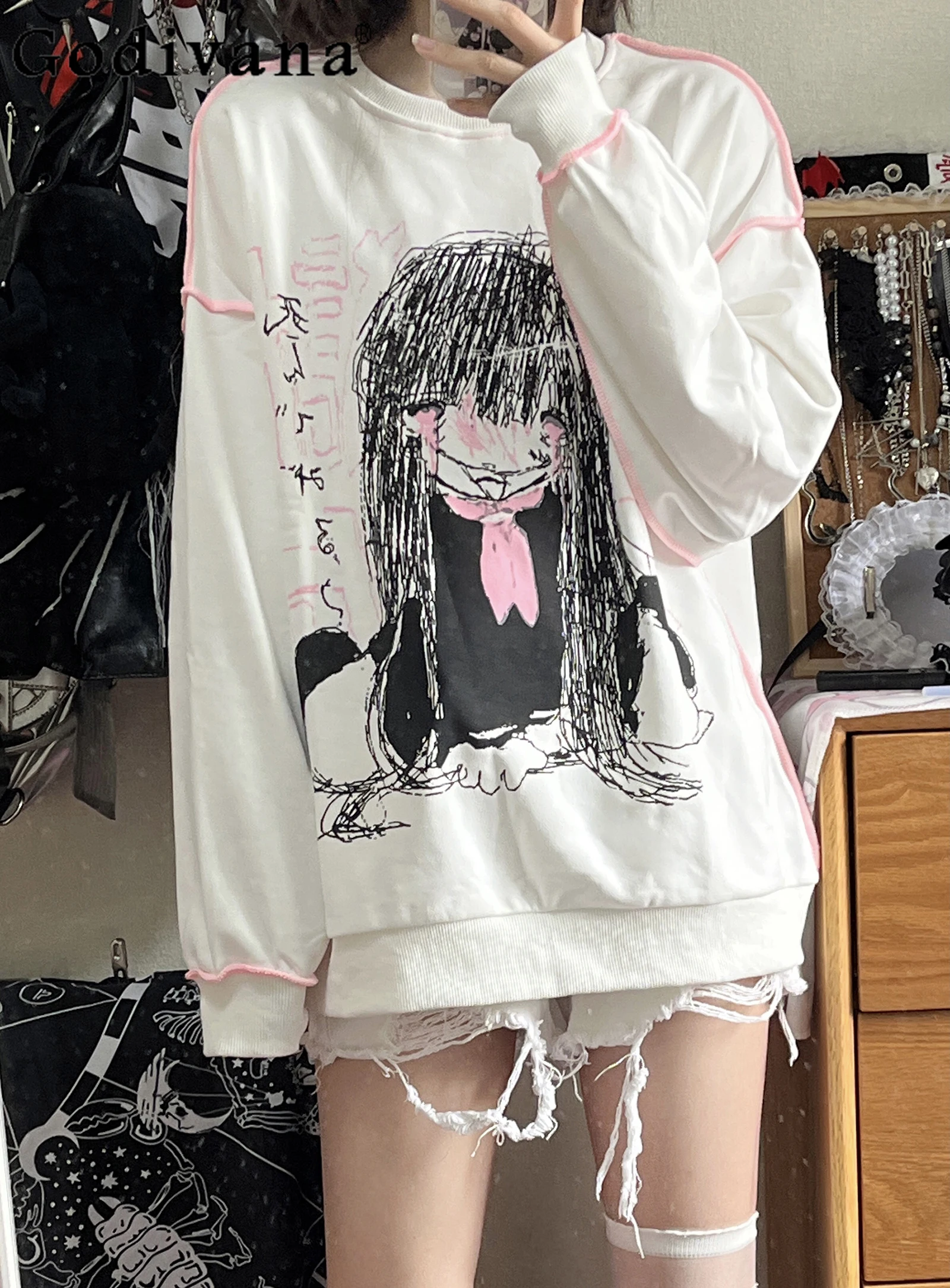 

Japanese Original Harajuku Hot Girl Loose White Long-sleeved Hoodies Women Subculture Autumn Fashion Anime Print Student Tops