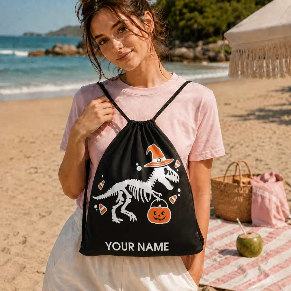 Custom Name Dinosaur Skeleton Drawstring Bag Halloween Pumpkin Witch Hat Kids Sack Backpack 34x41cm
