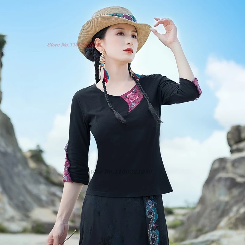 

2025 national flower embroidery o-neck folk shirt traditional ethnic shirt vintage hanfu top retro base shirt ethnic streetwear
