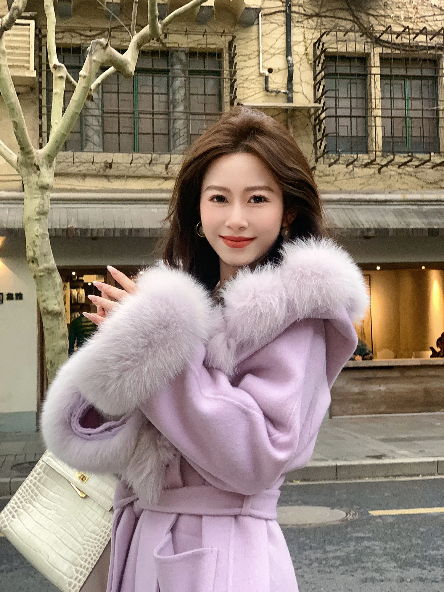 

Gogogo Home 2025 Зимнее Новое Длинное Пальто с Мехом для Женщин, Элегантное, с Завязками на Талии, Шерстяное, Утепленное, с Длинными Рукавами