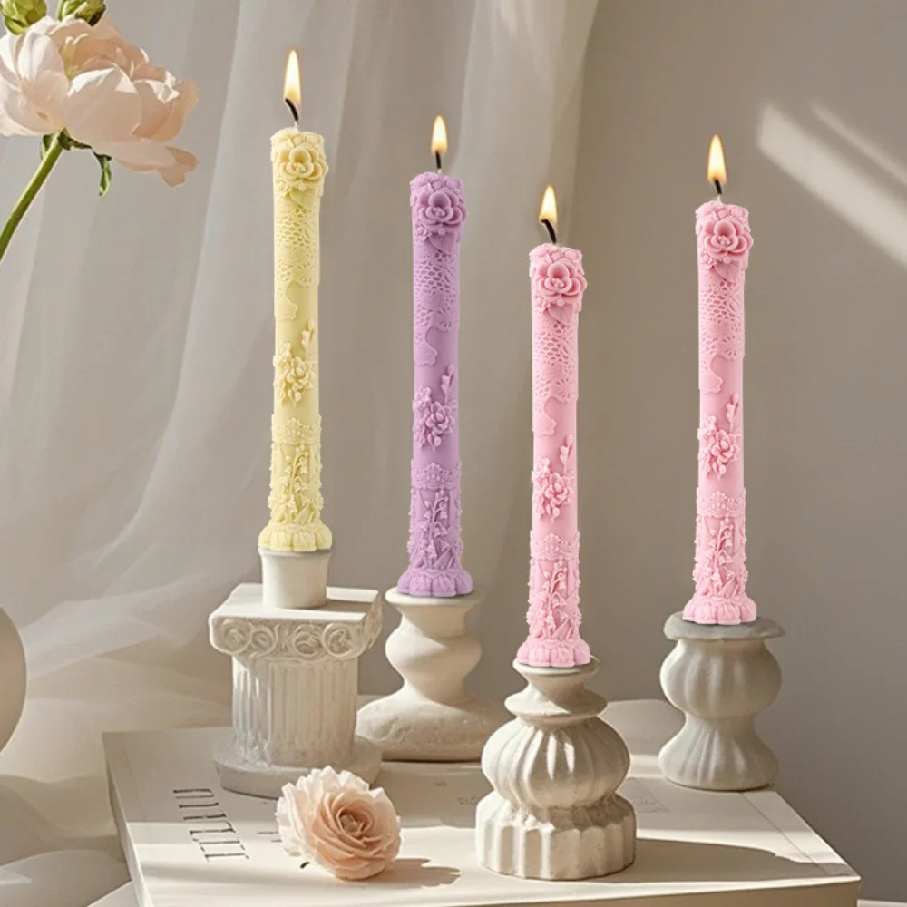 Moules à bougies en Silicone en forme de fleur de Rose en Relief, moules en gypse à Long poteau de lys, cylindre en forme de plante, décor en résine, savon pivoine, outils Makinhg