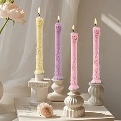 Relief Rose Flower Silicone Candle Moulds Lily Long Pole Gypsum Molds Plant Shape Cylinder Resin Decor Peony Soap Makinhg Tools