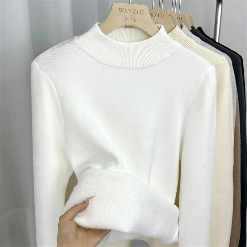 

Turtleneck Winter Sweater Women Elegant Thicken Velvet Lined Warm Sueter Knitted Pullover Slim Tops Jersey Knitwear Jumper New