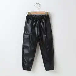 PU Leather Pants Clothing Elastic Waistband Solid Color Big Pockets For Children