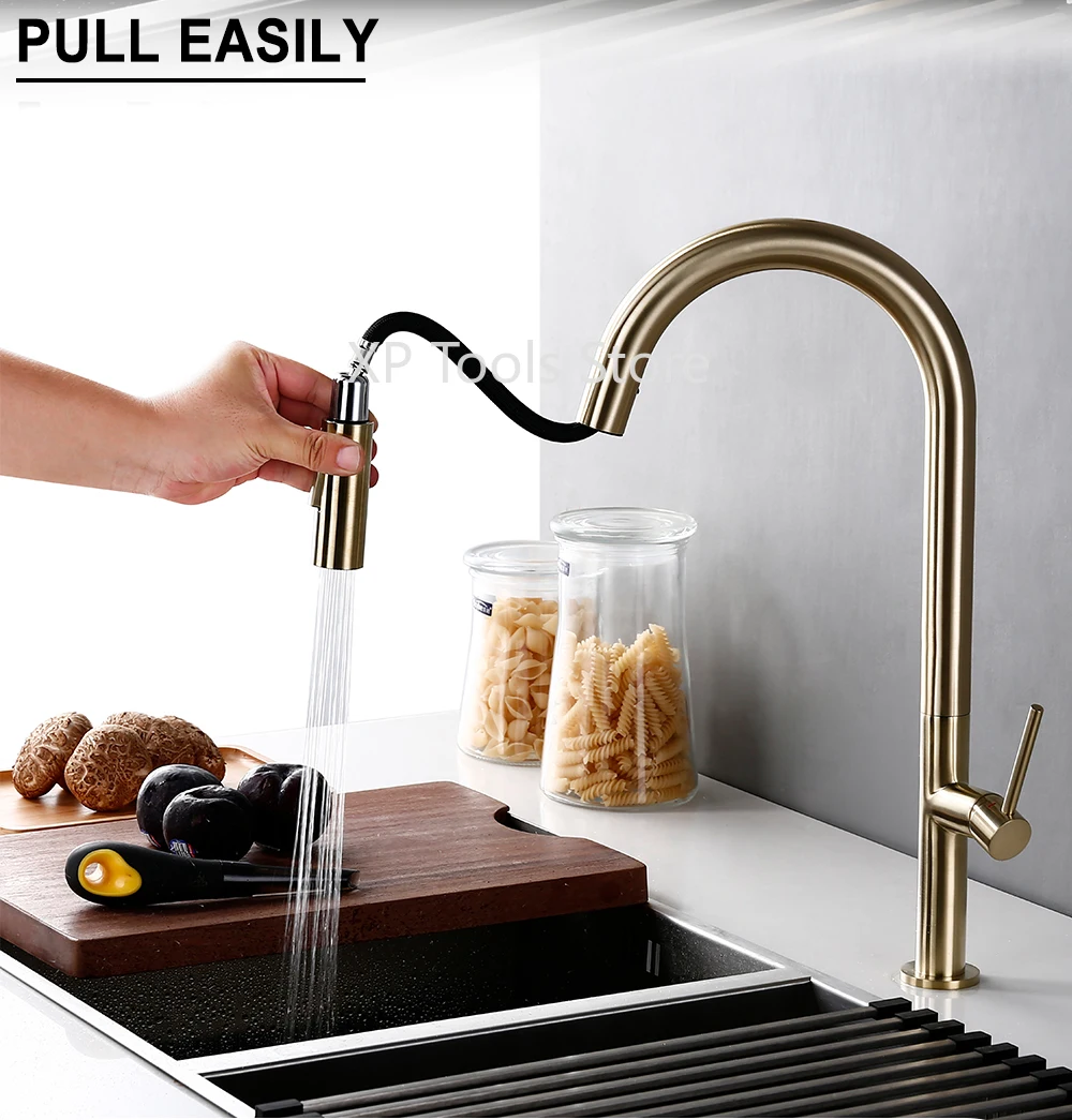 

2025 New Brass Brushed Gold Black 360 Oegree Rotation kitchen Hot And Cold Water Sink Taps Pull Out Spout Kitchen Faucet