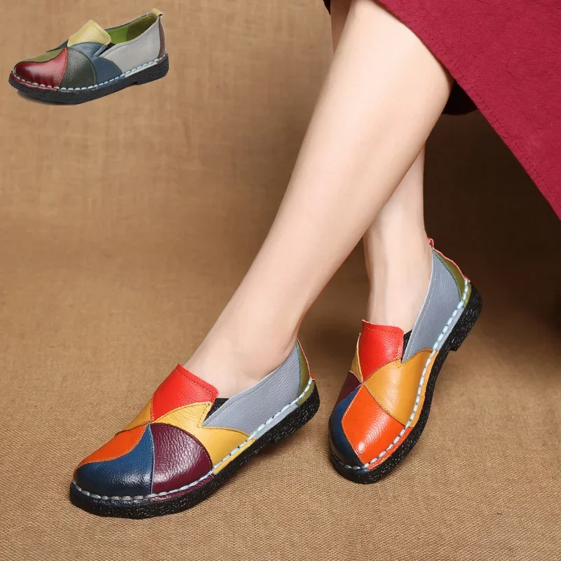 Flats Shoes Women Loafers Women Flats Ballet Casual Flat Shoes Genuine Leather Slip On Round Toe Breathable Woman Moccasins Autu