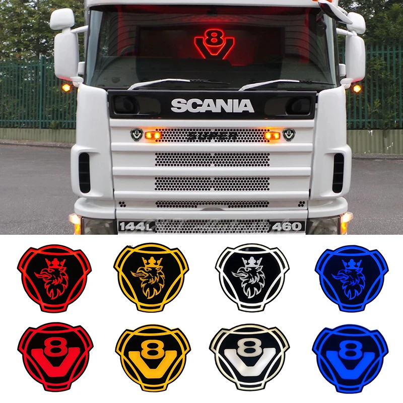 1x V8 Logo Fit For Scania Truck Custom Front Grill Grille Emblem Badge With White 24V LED Light