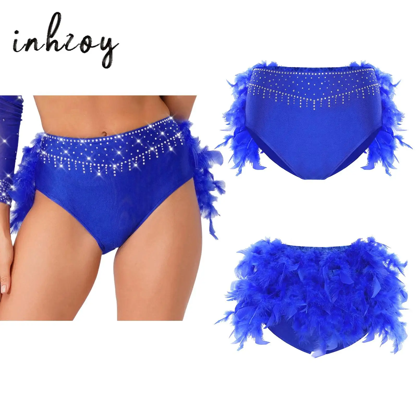 

Womens Belly Dance Briefs Front Rhinestone Back Downy Feather High Waist Briefs Shorts for Latin Chacha Tango Dance Costume