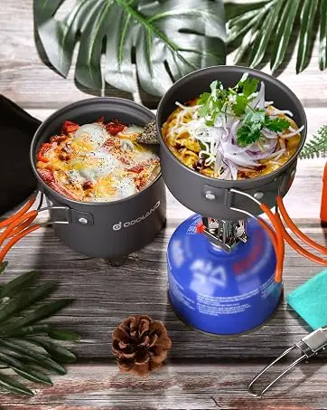 Odoland 10pcs Camping Cookware Camping Pots and Pans Set with Kettle Plastic Bowls and Soup Spoon for Camping, Backpacking, Outdoor Cooking and Picnic