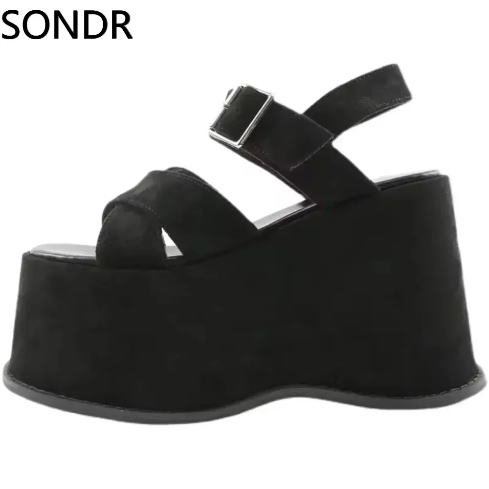 Women Lolita Belt Round Toe Gothic Punk Sandals Shoes Platform Wedge High 12CM Heel Creepers Japanese Harajuku Dark JK