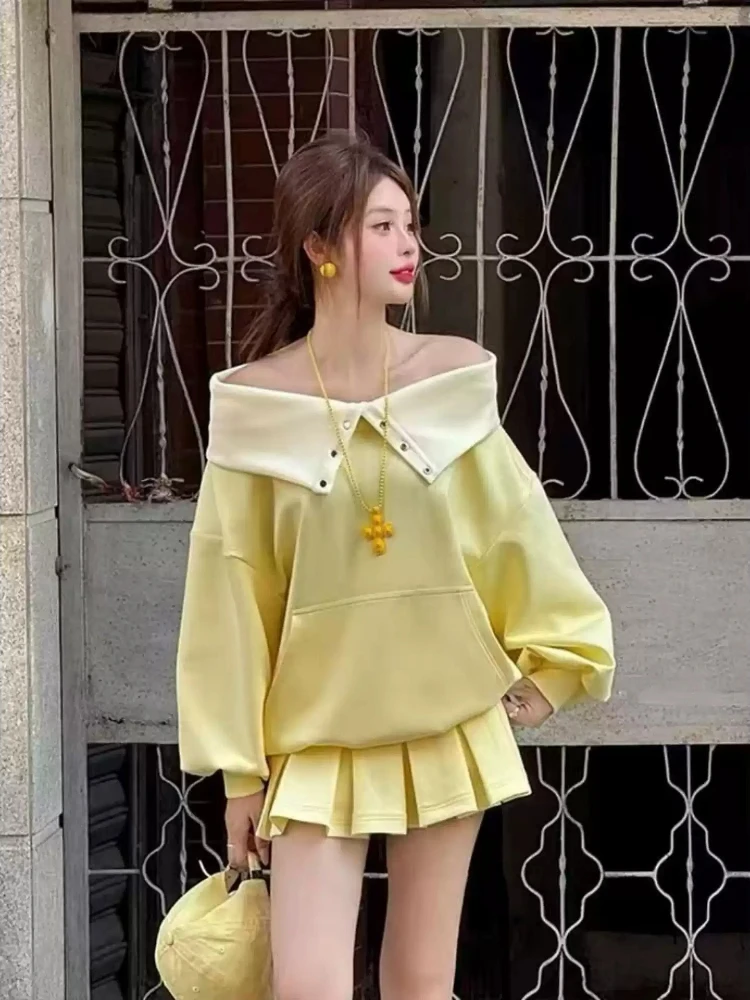 Harajuku Koreanische Süße Zwei Stück Set Frauen Off Schulter Langarm Sweatshirt + Falten Rock Elegante Nette Mode Chic Outfit