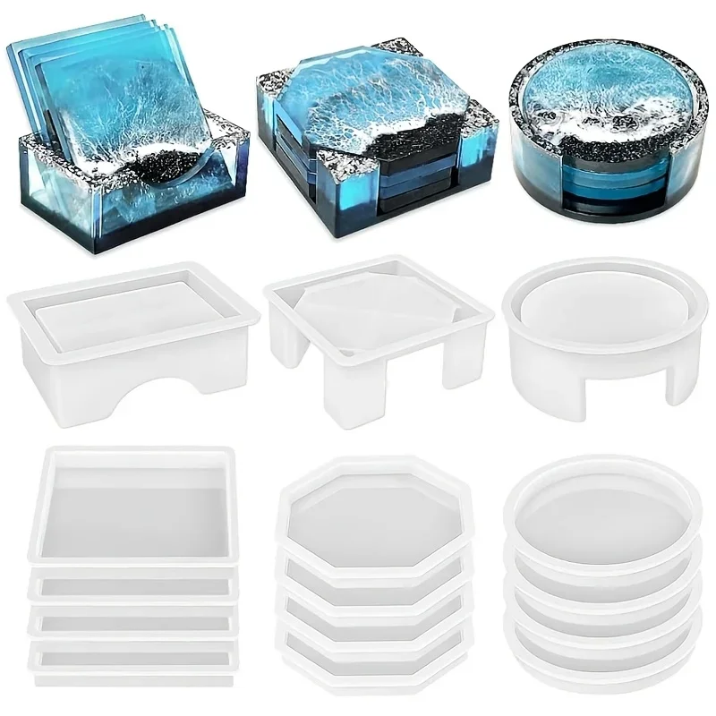 15 moules en silicone pour sous-verres en résine, moules à sous-verres avec supports de forme ronde, carrée et octogonale pour résine époxy, pour la création de sous-verres DIY