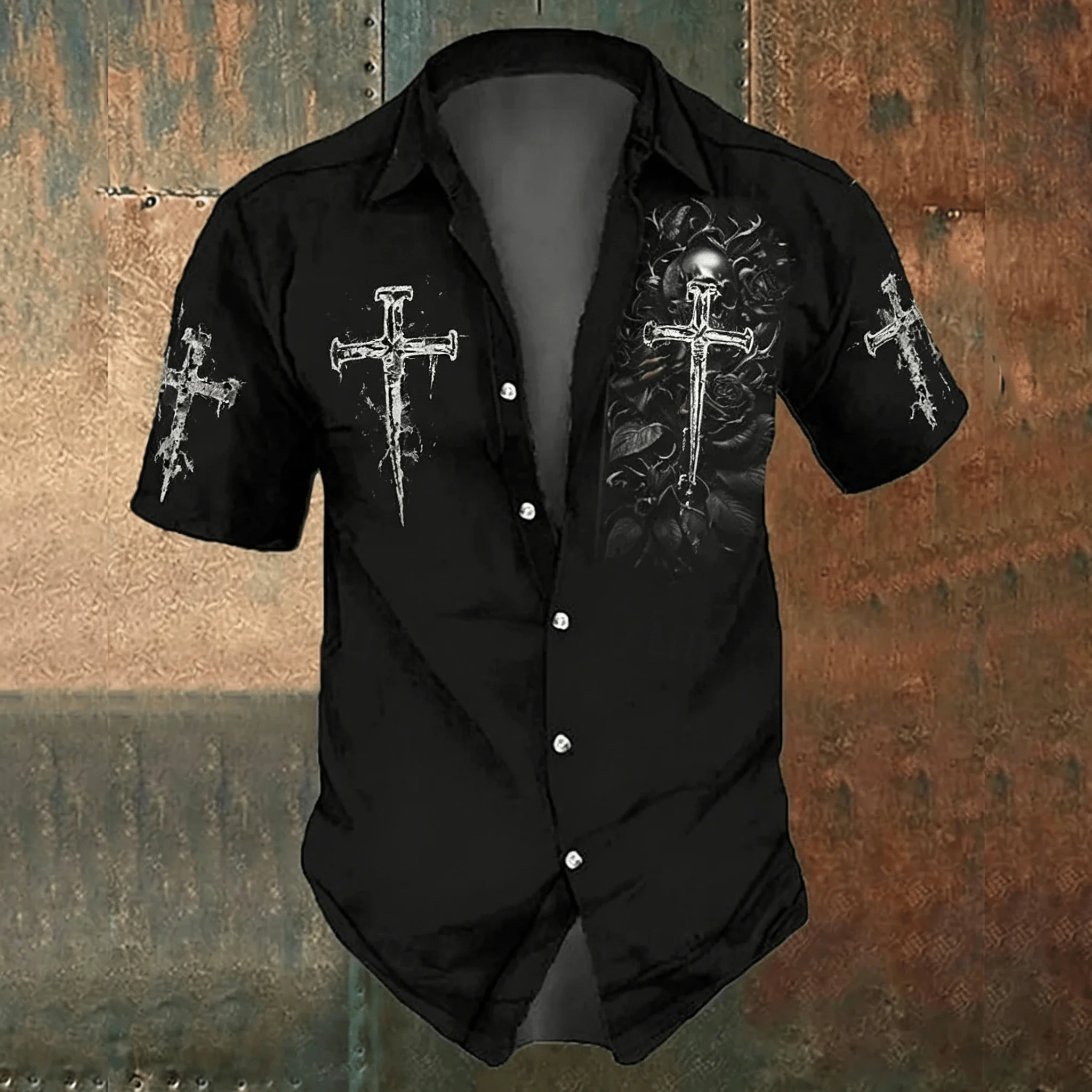 

Men's Black Cross Print Casual Shirt, Gothic Style for Spring and Summer, Beach Vacation Casual Wear for Men