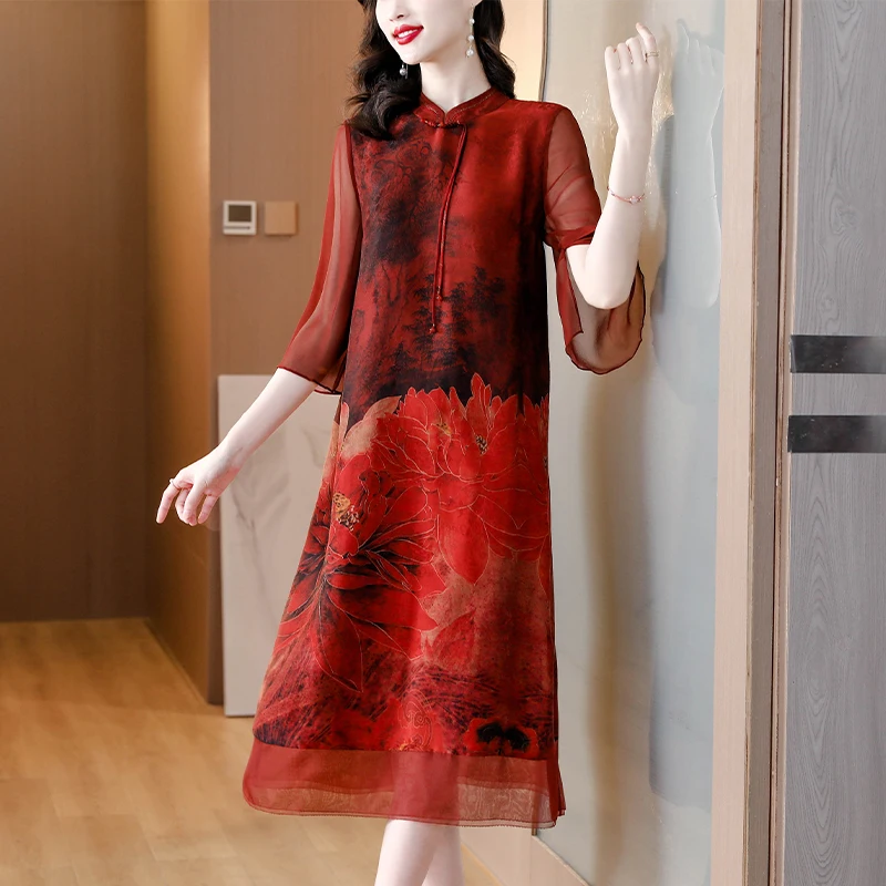 2024 Summer Red Silk Floral Luxury Wedding Dress Chinese Style Short Sleeve Loose Dress Women Korean Vintage Elegant Party Dress