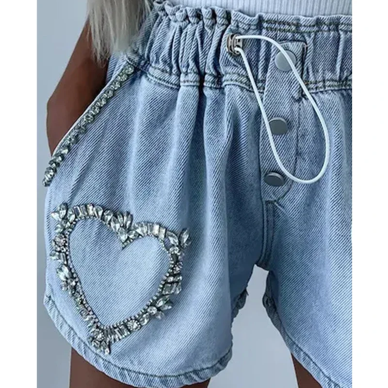 Casual Elastic High Waist Straight Short Jeans Y2K Clothes Pants Streetwear Women Elegant Fashion Diamond Heart Denim Shorts