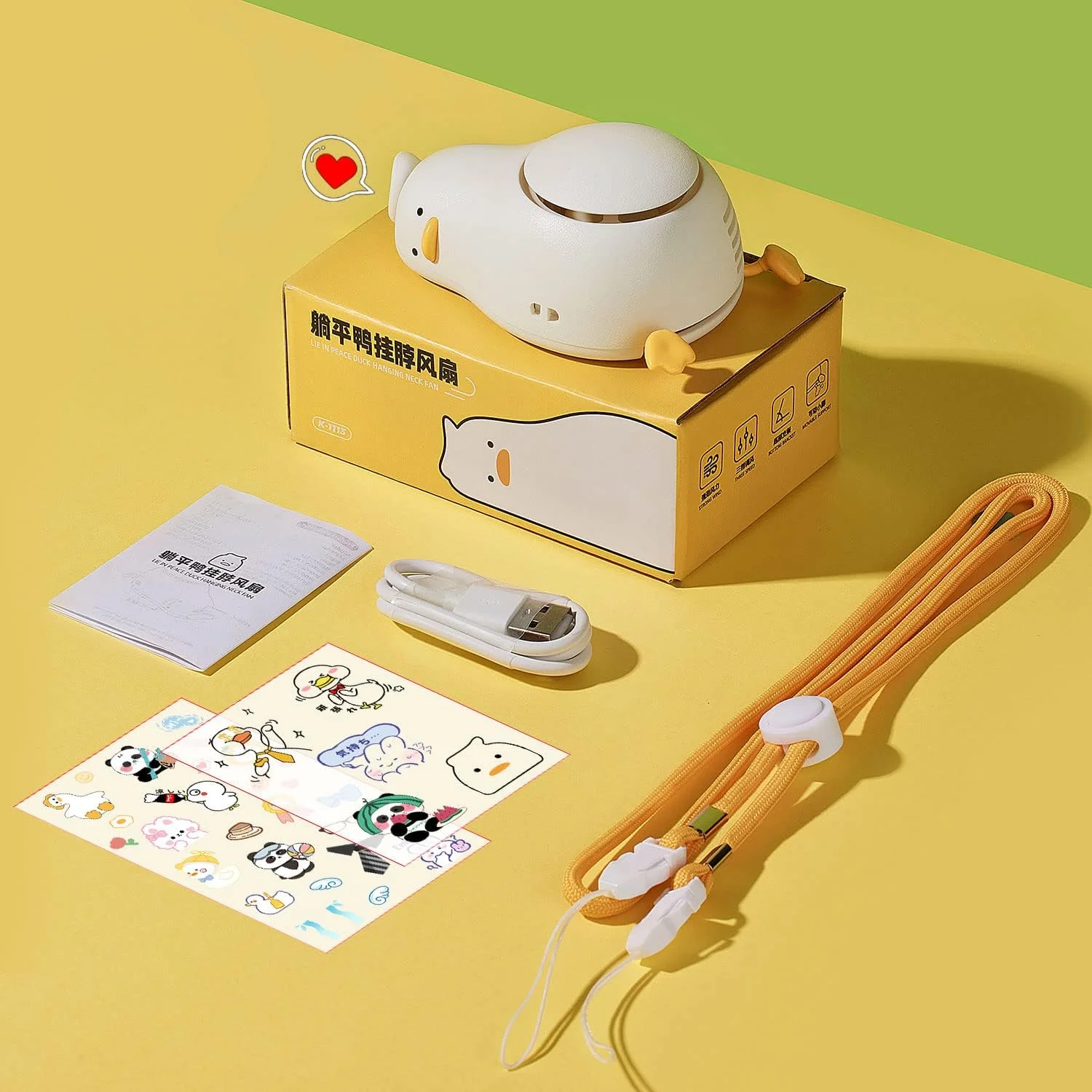 مروحة رقبة محمولة مع حبل، مسطحة مع ملصقات DIY، سطح مكتب خالي من الشفرة، مروحة رائعة صغيرة، قابلة لإعادة الشحن عبر USB، بيرسو