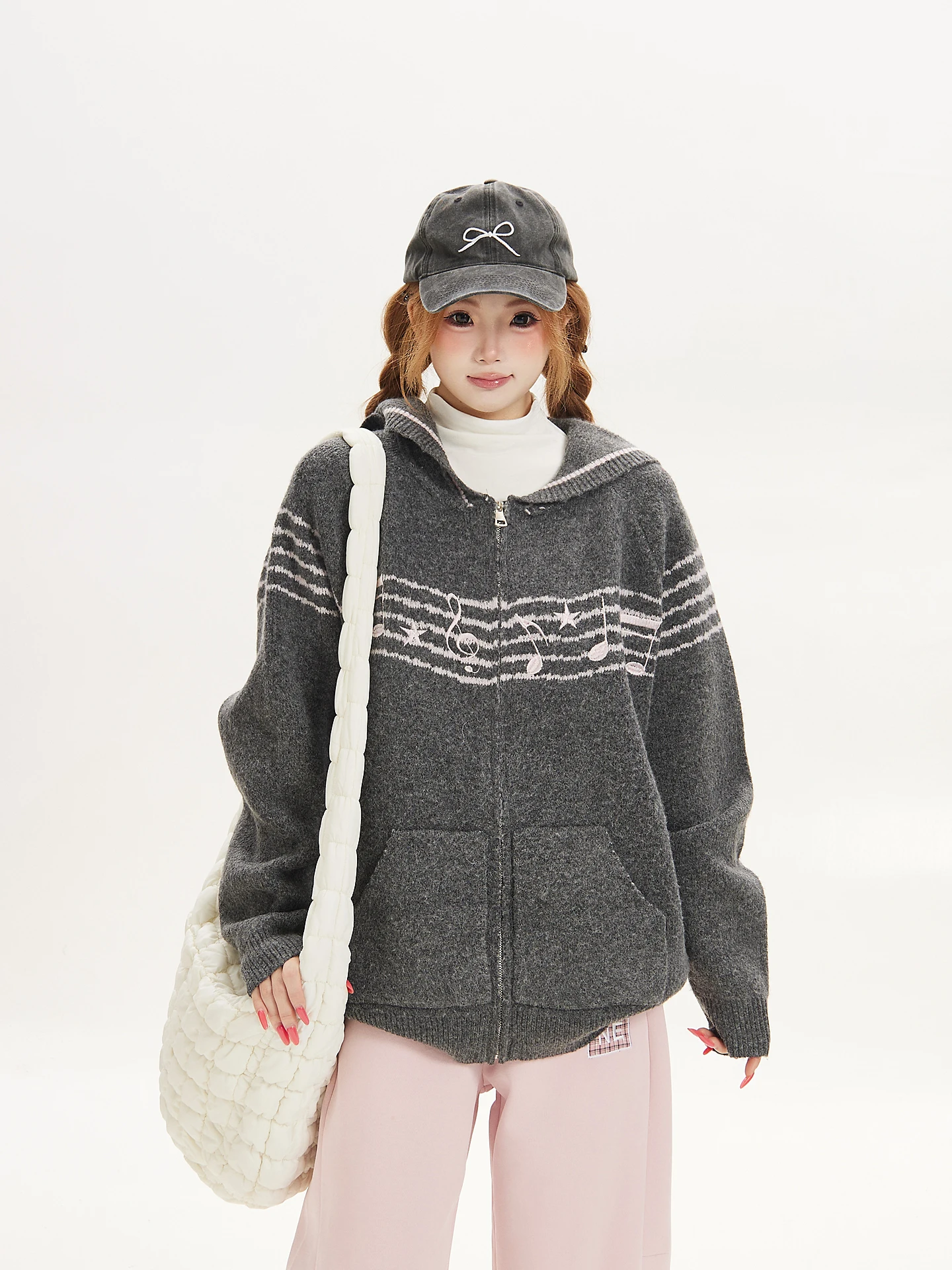 Ant Note Symbol Korean College Style Hooded Knit Sweater Coat Women's Loose Autumn Winter High-End Feeling Knitted Outerwear