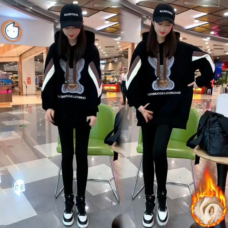 Damska bluza z kapturem Thiened Fce na zimę 2024, luźna, długa, swobodna, modna, wygodna odzież wierzchnia.