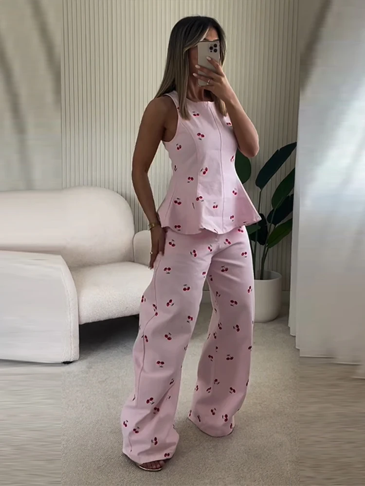 Damen-Hosenanzug 2-teilig Bedruckt O-Ausschnitt Ärmellos Rüschen Slim-Fit Oberteil mit Gebogenen Hosenbeinen Schicke Büro-Damen-Outfits Neu – Detail 25