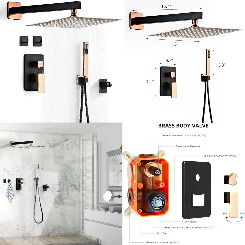 

Matte Black and Rose Gold Shower System with 12 Inch Square Rainfall Showerhead, Complete Wall Mounted Set for Modern Bathroom U