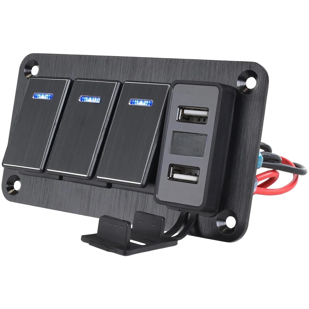 Vehicle Electrical Switch Panel Aluminum Waterproof Construction with Dual USB Charging and Voltmeter for 12V 24V DC Systems
