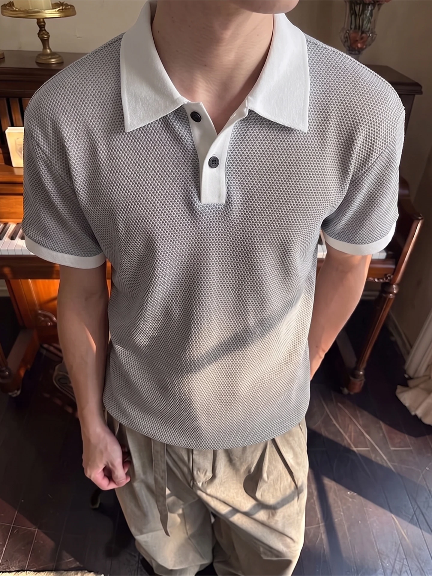 Men's  Shirt Short Sleeve Breathable Summer Texture T-Shirt Dragon Scale Pattern Flip Collar Half Sleeve High End Feeling