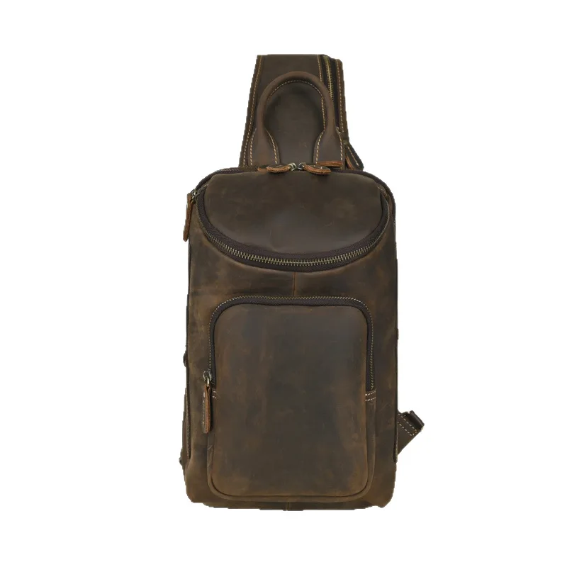 LD-Men's Genuine Leather Crazy Horse Leather Single Shoulder Backpack, Top Layer Cowhide, Large Capacity Crossbody Bag
