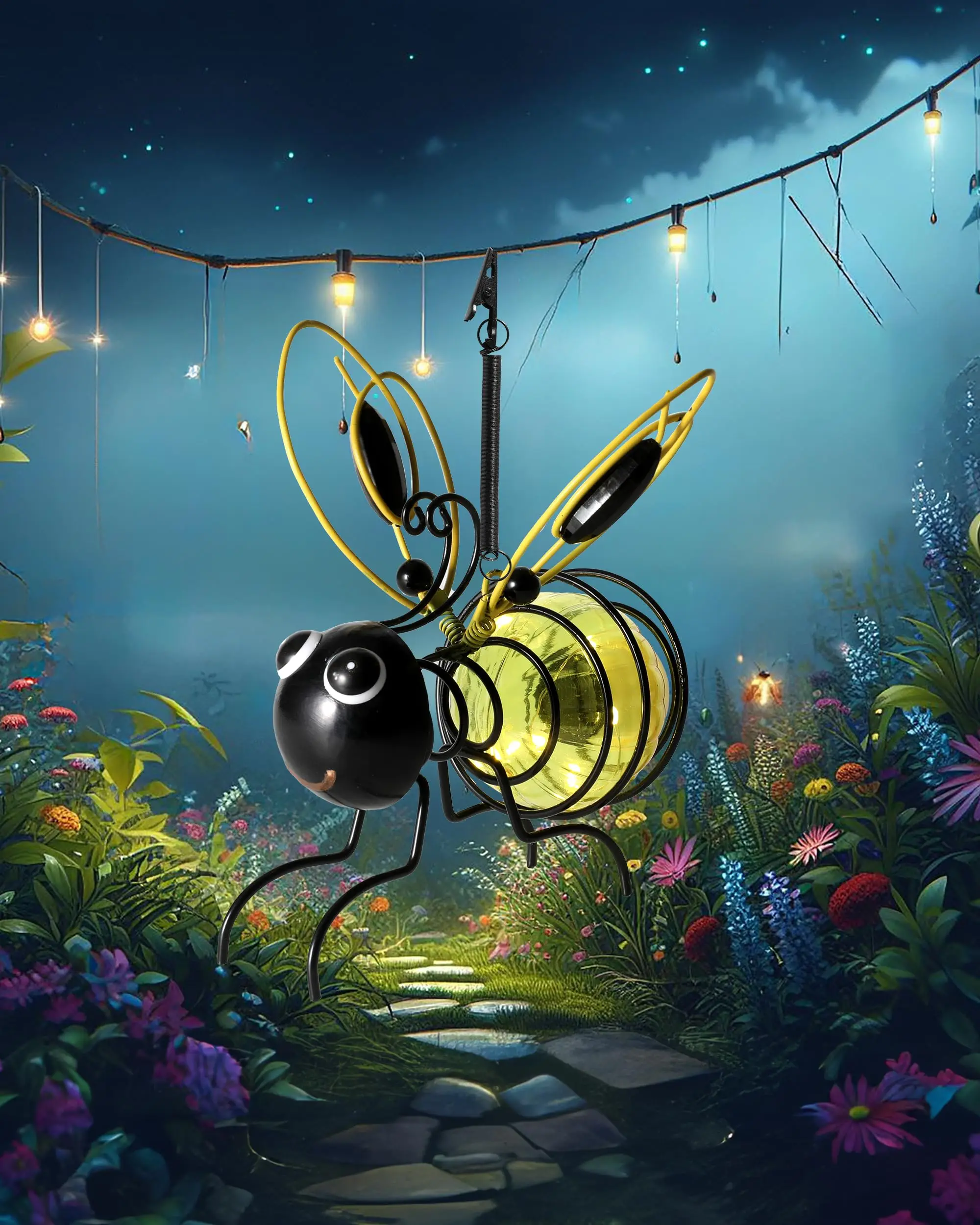 

Solar-Powered Hanging Bee Light Metal LED Outside Bugs with Bouncy Springs Solar Fairy Lights for Outside Garden Decor (Yellow)