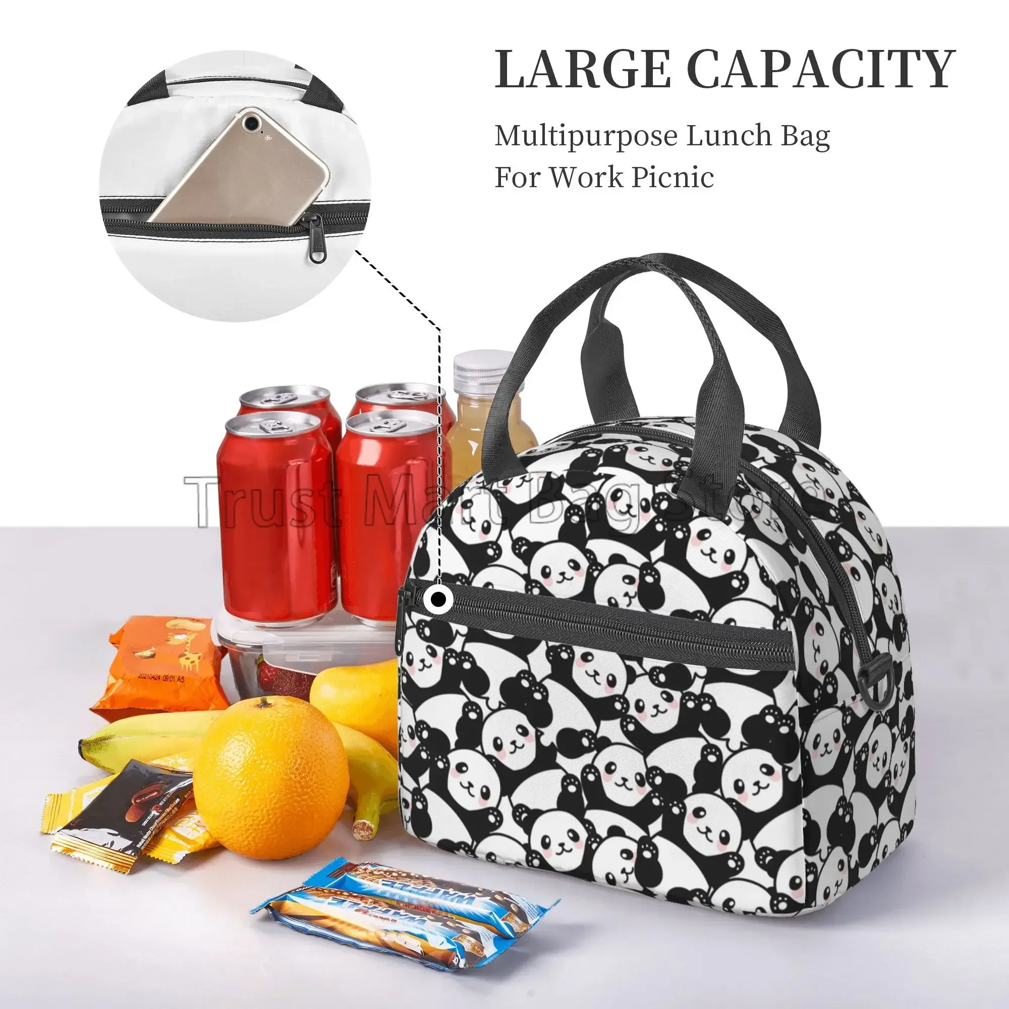 Cute Panda Insulated Lunch Bag for Girl Cartoon Animal Print Thermal Lunch Box Reusable Cooler Bento Tote for Work School Picnic