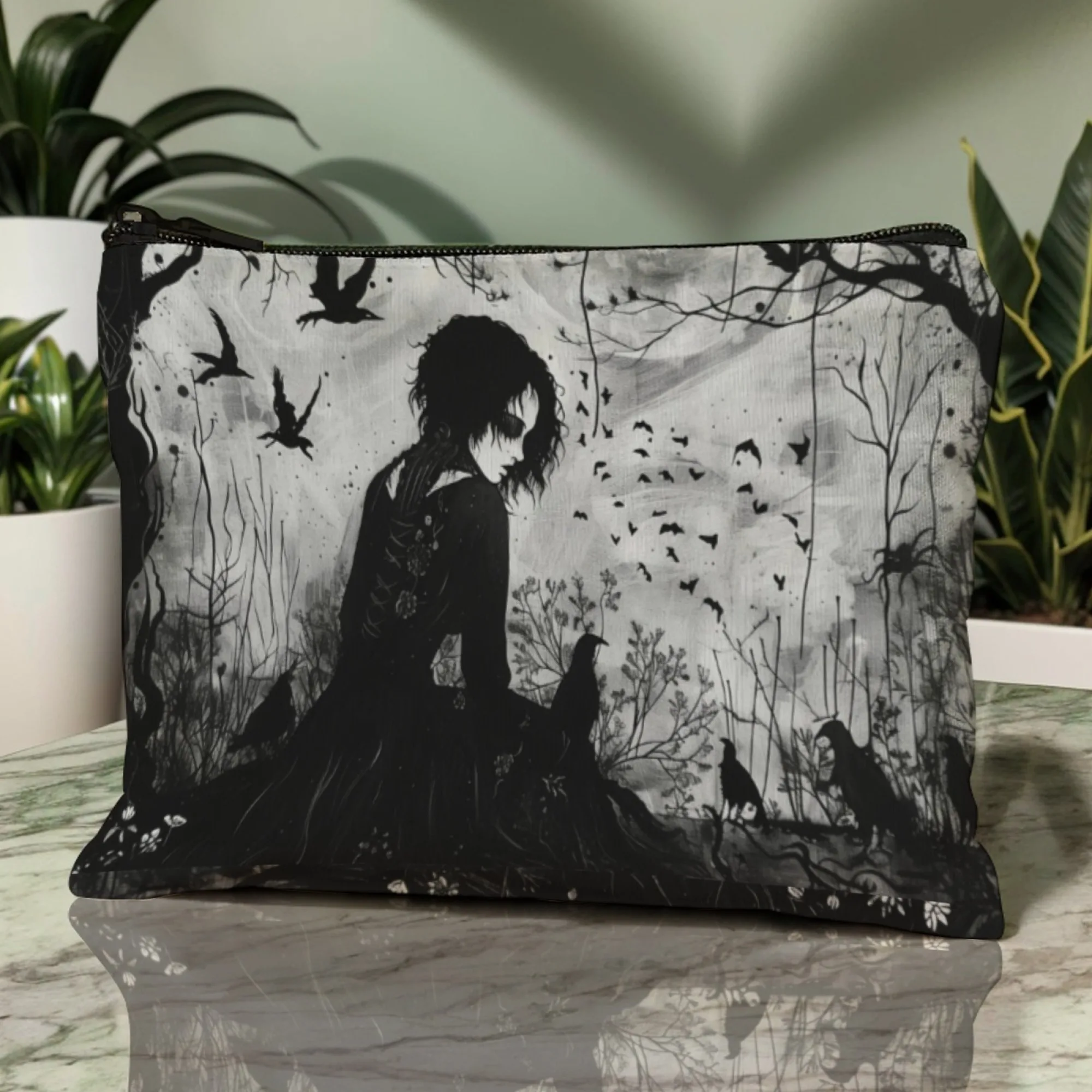 Halloween Theme Dark Enigmatic Gothic Cosmetic Pouch Woman in Dark Attire with Flying Ravens Ideal for Festival Travel Gift