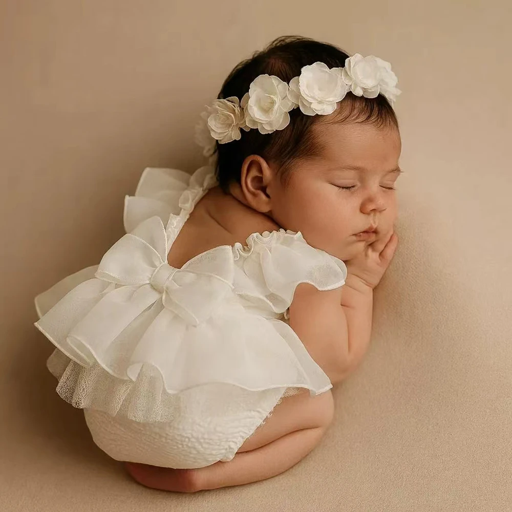

Magical White Angel Wing Ruffled Tulle Dress Back Bow Newborn Infant Photography Outfit Photo Clothes