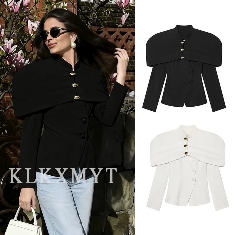 

2026 Европейский и американский стиль, женский весенне-осенний костюм, однотонная свободная куртка с застежкой на талии для женщин, элегантный шикарный черно-белый комплект