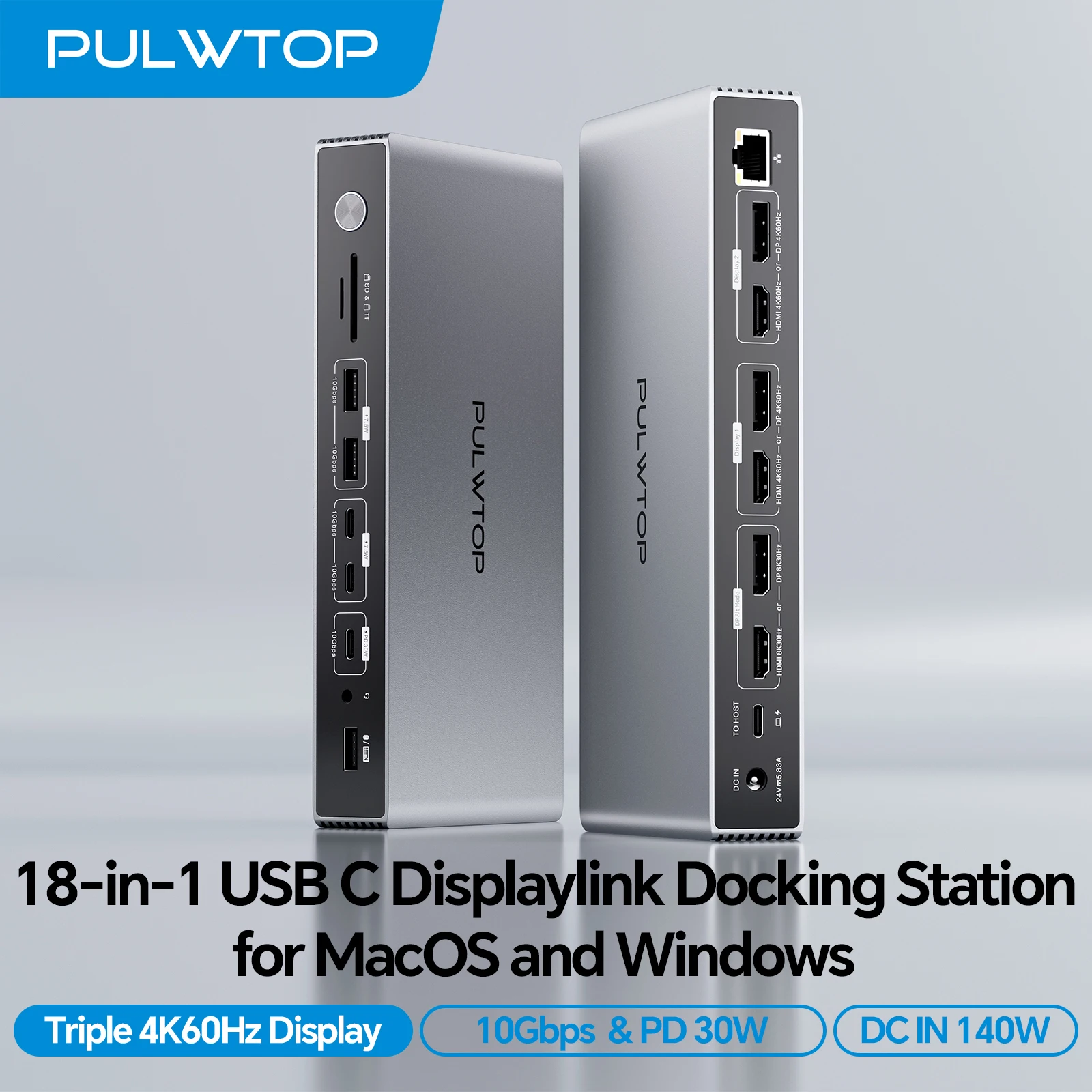 PULWTOP DisplayLink Triple Display Dock for MacBook M1-M5 & Windows, USB-C, 3HDMI, 3DP, 8K/4K@60Hz, PD30W, 10G USB-A/C, Ethernet