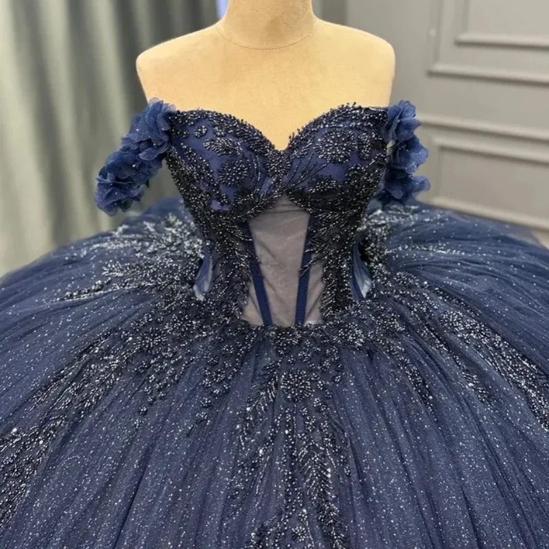 

Shiny Dark BlueQuinceanera Dresses off-shoulder Glitter Decal Lace layered ruffles Long tail Vestido De 15 Quinceanera Customize