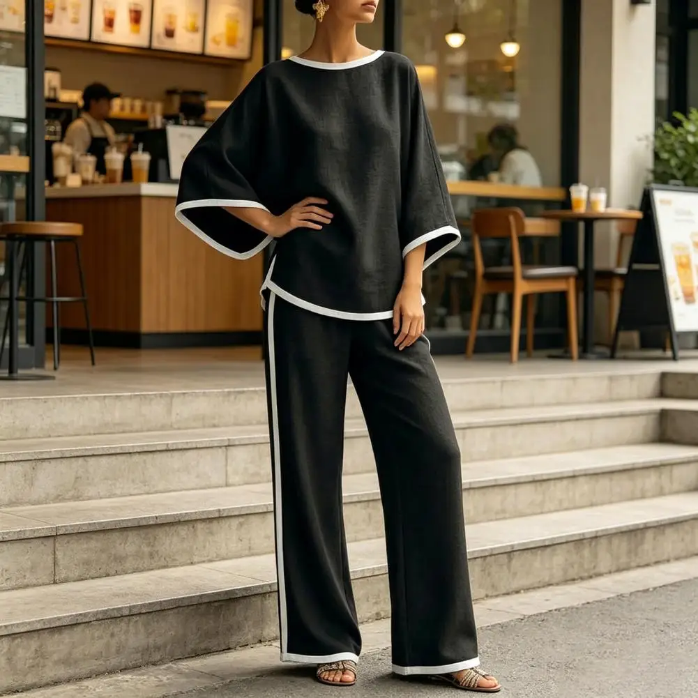 Batwing Long Sleeve Top Wide Leg Pants Matching Set 2026 Cotton Linen Women's Outfit Color Block Cotton Linen 2 Piece Sets
