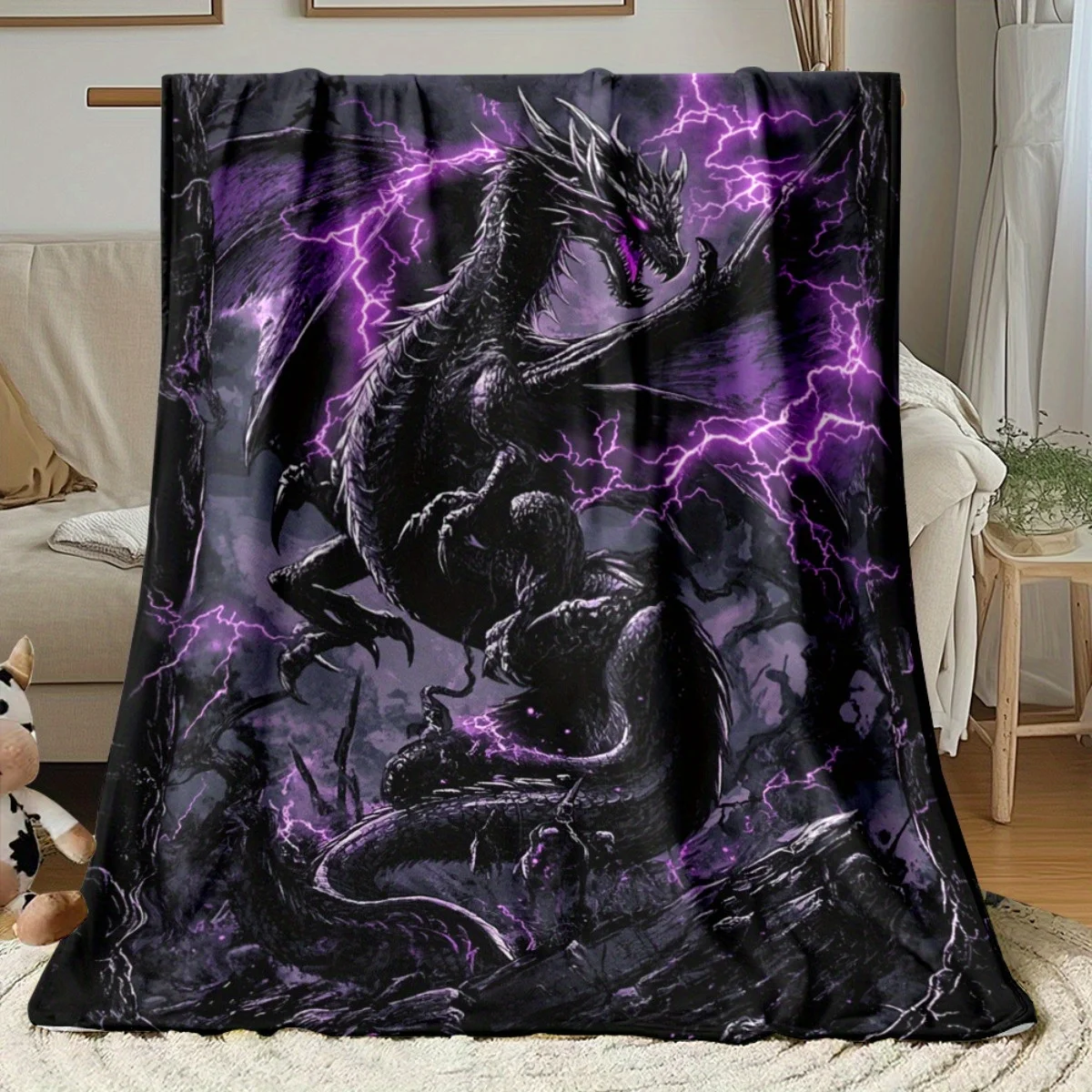Printed Black Dragon Fleece Blanket Purple Lightning Storm Soft Warm Flannel Throw Blankets for Bed Sofa Home Decor