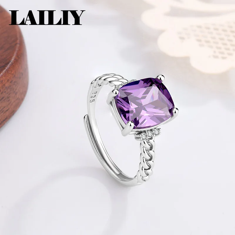 LAILIY 925 Sterling Silver Twisted Rope Purple Zircon Adjustable Ring For Men Women Fashion Jewelry Wedding Party Birthday Gift
